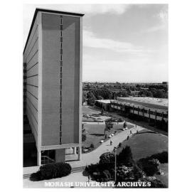 Raised view of Humanities building from south-east with forum and Union building