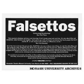 Flyer (back) for performance of 'Falsettos' by William Finn and James Lapine