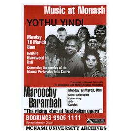 Flyer for 'Music at Monash' with Yothu Yindi and Maroochy Barambah