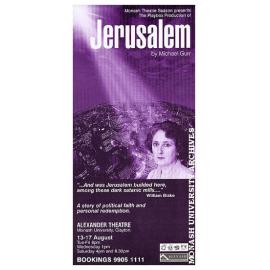 Flyer (front) for performance of 'Jerusalem' by Michael Gurr