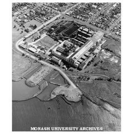 Aerial view of Old Newport power station and old ferry wharf at Lower Yarra River