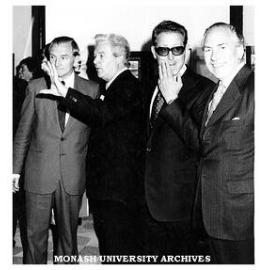 GIAE opening ceremony guests. L to R: Senator John Carrick (Federal Minister for Education); Mr Cornelis Hos (Chairman School of Visual Arts); Mr Max Hopper (Director GIAE); unknown