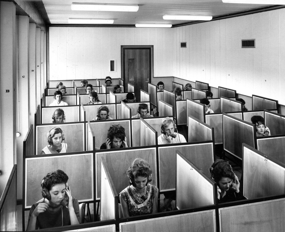 Students in language laboratory, 1963