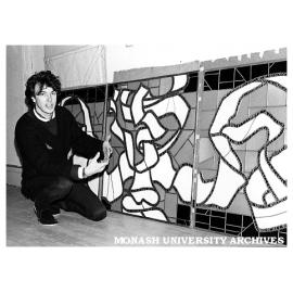 Tutor Mr Dylan Thornton with window panels for Lutheran College Chapel