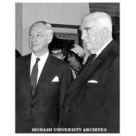 Sir Douglas Menzies (left), after his installation ceremony as Chancellor, with his first cousin, Sir Robert Menzies,
