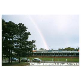 Science buildings, with rainbow