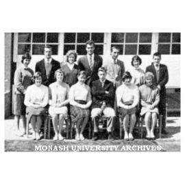 Sport Committee, Frankston Teachers' College. Back row: Sue, Laurie, Carmel, Mr Ladd, Vladimir, Roslyn, Barry. Front row: Janet, Meg, Helen, Ken, Kaye, Pam.