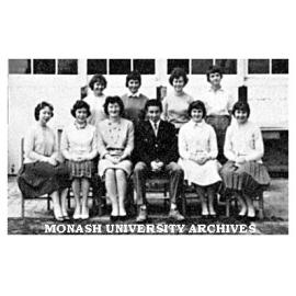 Social Committee, Frankston Teachers' College. Back row: Elaine, Sue, Judy, Robyn. Front row: Violet, Sandra, Mrs MacMahon, Jim, Beverly, Lyndall