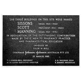 Plaque to commemorate the naming of three buildings on Parkville campus of Victorian College of Pharmacy