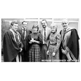 Lynn Gilmour (3rd from left), 1982 Gold Medallist at the Victorian College of Pharmacy Prize Award Ceremony with Tam Lynden-Bell (President), Colin Bull, Mr and Mrs Gilmour and Geoffrey Vaughan (left to right)