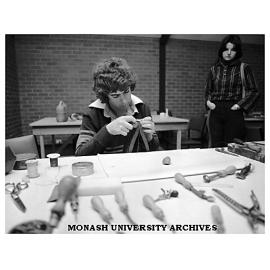 John Simson at leatherwork in the Arts and Crafts Centre