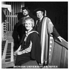 Professor W. A. G. Scott (right) with Tim Scott and Mrs Margaret Scott, organist at Arts graduation ceremony