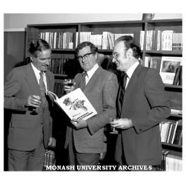 Vice-Chancellor Professor Ray Martin, Acting Consul-General of the Socialist Federal Republic of Yugoslavia Mr Petar Lombardic and Librarian Mr Brian Southwell with gift of Macedonian books