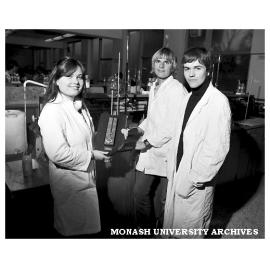 Second year Chemistry students Jenny Dunn (left), Martin Oettinger and Harry Quiney, winners of the inaugural Titration Stakes organised by the Royal Australian Chemical Institute.