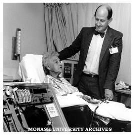 Professor Napier Thomson (right), Chairman, Monash University Department of Medicine, checks dialysis patient Mrs Juliet Johnson at the Alfred Hospital's dialysis centre