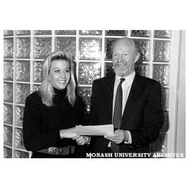 Ms Kara Lee Thompson, top business honours student for 1992, receives Bank of Melbourne prize