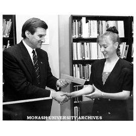 Ms Emma Belbin receives the inaugural Peter Kerr Scholarship from Victorian Premier Mr Jeff Kennett