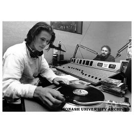 Student Mr Sean Elliot (left) and Monash University's radio station 3MU station manager Mr Peter Freeland