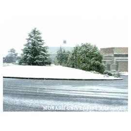 Gippsland campus buildings 1W and the Hexagon covered in snow