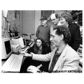 Professor Andy diSessa, University of California, demonstates software to Education Faculty members PhD student Ms Elizabeth Vincent, Mr Frederick Robilliard, Mr Paul Nicholson and Dr Anne McDougall