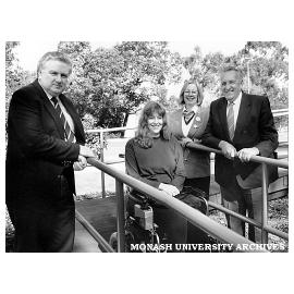 Ms Linda Smith, fourth year honours student in psychology, tests the disabled access ramp at Robert Blackwood Hall.