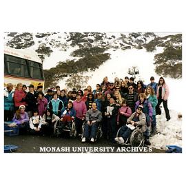 Developmentally disabled adults and first year student nurses from Caroline Chisholm School of Nursing on a holiday to Bright