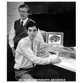 Professor David Barkla (left) and third year student Mr Zeev Duieb demonstrate an interactive computer training program for first year medical students