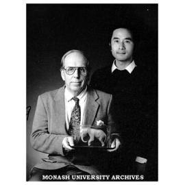 Professor Roger Short (left) and Dr Yuan Gao with models of animal subjects for fertility control