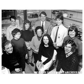 Research team at Prince Henry's Institute of Medical research (from left rear) Dr Simon Riley, Ms Anne Hampton, Associate Professor Jock Findlay, Mr Tom Rawdanowicz, (middle) Dr Li Shuxiang, Dr Zheng Shuneng, (front) Ms Anna Butt, Ms Daphne