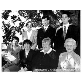 Five generations of the Burke family including five siblings who have graduated from Monash. Back row (from left) Sophie, Anthony and Paul. Seated (from left) Nina McCarthy holding Julien, Anna, mother Joan and grandmother Nina Millman