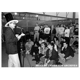 Dean of Engineering Professor Peter Darvall and students celebrate completion of the engineering building and examination halls.