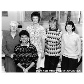 Clayton campus switchboard operators (from left) Mrs Pam Casey, Miss Deb Chappell, senior telephonist Mrs Jean Lobb, Mrs Helen Smith and Mrs Jan Dunlop