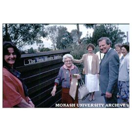 Naming of the Vera Moore Garden. Vera Moore (centre) and Vice-chancellor Mal Logan.