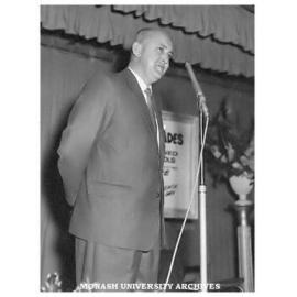 D. J. Williams (Manager, Chadstone) speaking at the opening of the Commonwealth Technical Training Week exhibition at Chadstone shopping centre.