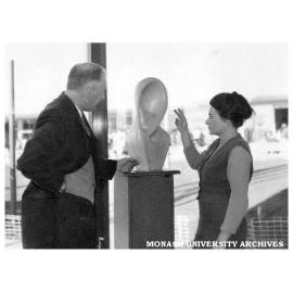 Sculpture display at Commonwealth Technical Training Week exhibition at Chadstone shopping centre. John Broadfoot and student.