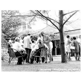 Cocktail party to celebrate the 10th anniversary of Vice-Chancellor Matheson (seated left) taking office.