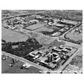 Aerial view of Clayton campus from north-east with halls of Residence in foreground