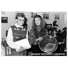 Ms Gina O'Donoghue, second winner of the George Papasavvas Memorial Trophy as top Graduate Diploma in Marketing thesis student, with Mrs Anne Papasavvas