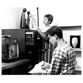 Ms Melanie Cooper, Head of Ceramics Resource Centre at Caulfield, together with student Michael Bold, soon after the Centre opened
