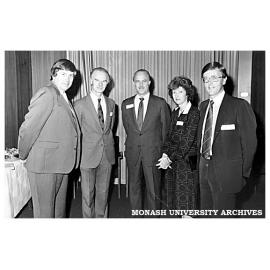 US tax expert Professor Staubus (centre) at Frankston with (l. to r.) Mr Graeme Weidman, MLA Frankston South, the Director; Mr Patrick Leary, the Mayor of Frankston; Cr Diane Fuller; and Dr Ken Tucker, Dean of the David Syme Business School