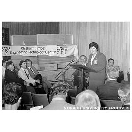 Victorian State Minister for Conservation, Forest and Lands, Ms Joan Kirner, speaking at the opening of the Timber Engineering Technology Centre