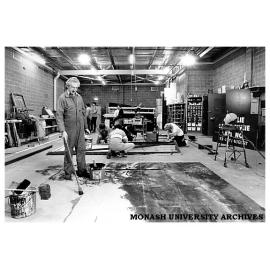 Resource Centre at Alexander Theatre with set designer Graham McGuffie using his stand-up painting technique to create a scenic backdrop