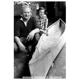 Chisholm civil engineering students Andrew Plail (left) and Peter Mackay with their moulded concrete canoe