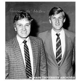 President of the Chisholm Liberal Students Mr Mark Topy (left) and Leader of the State Opposition Mr Jeff Kennett