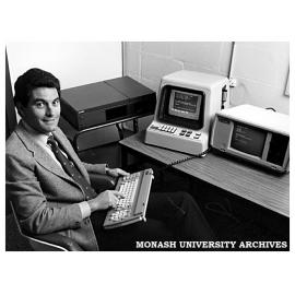 Dr Ian Beaman, Technology Services Manager and Director of Training Services for Chisholm David Syme Business School, demonstrates the Videodisc Interactive Learning system.