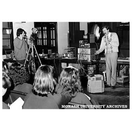 Dr Les Michel, Executive Director of the Centre for Science and Technology Education demonstrates 'Hero' the robot at Firbank Girls' School as part of his Travelling Science Show