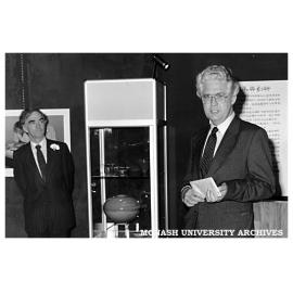 Minister for the Arts, Mr Race Matthews, speaking at the 'Continuity and Change' exhibition opening - Mr Lindsay Anderson, Head of Chisholm Ceramic Design at left