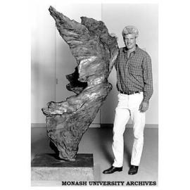 Senior tutor Bill Rawls with the bronze cast sculpture designed for the foyer of the Tower Building