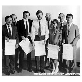 Inaugural recipients of the Pearcey Centre Certificates of Computing (front row from left) Louis Cipriani, Mark Mackojc, John Stirling, Maria Diamatarias-Toliopoulos and Suradi Tunggal-Dinata