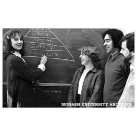 Irene Powell, visiting lecturer in the Marketing Department of David Syme Business School, lectures to students (from left) Jeannette Sharp, Selwyn Ryzman and Tony Shaw